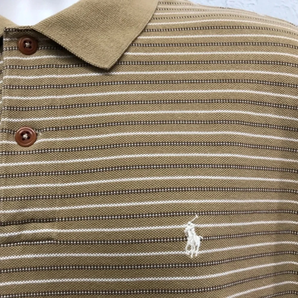 VTG‎ Polo Sport Sportsman Shirt Mens L Tan Striped Cotton Ralph Lauren Pony Logo